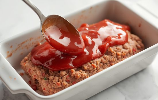 Ketchup glaze being spread over raw turkey meatloaf in white loaf pan.
